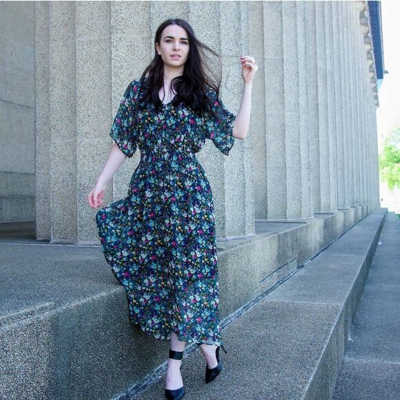 CAbi Green Fiesta V Neck Floral Midi Dress - Picture 2 of 11